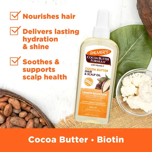 Vista 4 de Palmer's Aceite para cabello y cuero cabelludo con manteca de cacao y biotina para retener la longitud, 5.1 onzas (el embalaje puede variar)