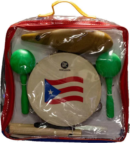 DP Music Parranda Kit de percusión con bolsa de transporte, pandereta de bandera de Puerto Rico de 8 pulgadas, claves, Güiro y Maracas de plástico