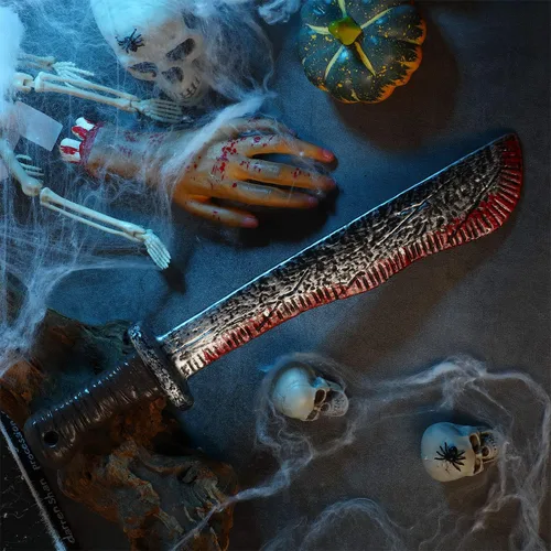 Vista 5 de Cuchillo de sangre falso de Halloween para disfraz de machete sangriento artificial cuchillo de sangrado de plástico para disfraces y cosplay