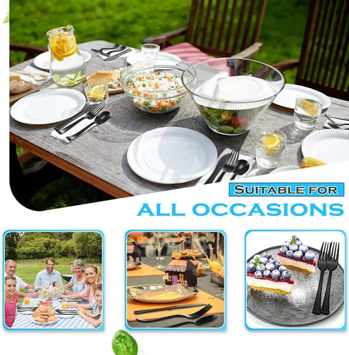 Vista 5 de Minatee Juego de 150 piezas de cubiertos desechables de plástico, juego de cubiertos de acero inoxidable resistente, 50 tenedores, 50 cuchillos, 50