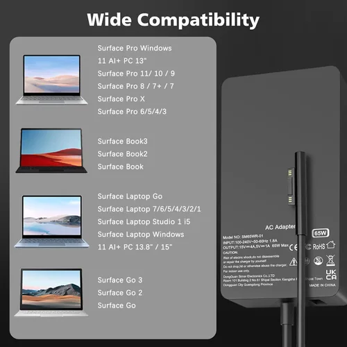 Vista 3 de Cargador para laptop Surface Pro de 65 W compatible con Microsoft Surface Pro 11 10, 9, 8, X, 7+, 7, 6, 5, 4, 3, conector de superficie magnética