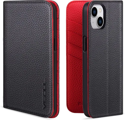 Vista 14 de VISOUL Funda de cuero con diseño de guijarros para iPhone 14 Plus, funda tipo cartera de cuero real con tarjetero y función atril magnética