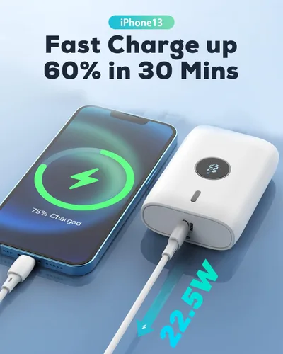 Vista 3 de Banco de energía de 10000 mAh, 22.5 W, PD y QC 3.0, carga rápida, USB C, cargador portátil con pantalla digital LED, adecuado para iPhone, Samsung