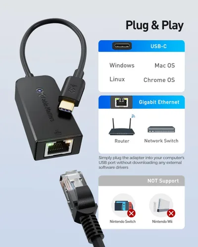 Vista 4 de Cable Matters Adaptador de USB 3.1 Tipo C (USB-C & Thunderbolt compatible con 3 Puertos) a RJ45 Gigabit Ethernet LAN, Negro