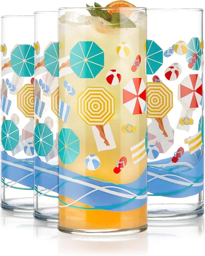 Libbey Juego de 4 vasos de agua vintage para la playa, coloridos y con diseño retro de playa, aptos para lavavajillas, para jugos, cócteles