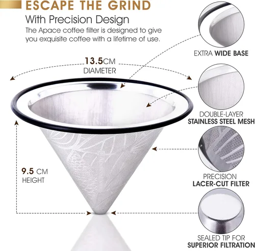Vista 3 de Filtro de café compatible con Hario V60 - Gotero de café reutilizable de acero inoxidable con base de metal ancha - Filtro de café sin papel