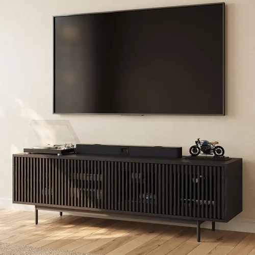 POVISON Soporte de TV moderno de mediados de siglo totalmente montado para TV de 65 pulgadas, centro de entretenimiento con puertas de rejilla Negro