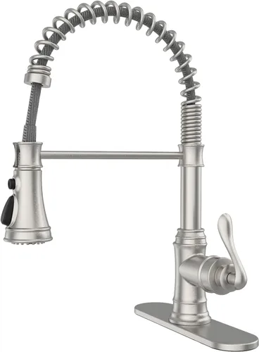 Vista 12 de BWE - Grifo de lavabo de cocina con placa de cubierta, llave de una sola palanca con rociador extraíble, resorte de 3 funciones, grifo de cocina