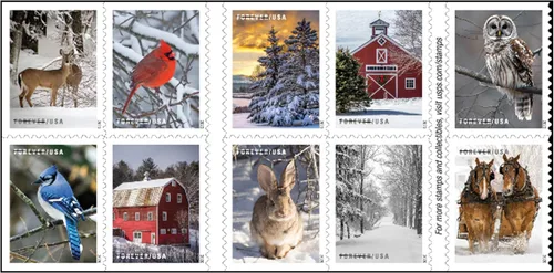 USPS Winter Scenes Forever - Libro de sellos postales de 20 sellos de primera clase del servicio postal de EE.UU., celebraciones navideñas,