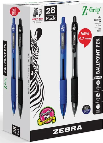 Zebra Pen Z-Grip - Bolígrafos retráctiles, punta fina de 0.028 in, 14 bolígrafos negros y 14 bolígrafos azules, paquete a granel - 28 unidades