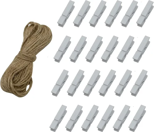 Vista 7 de Alfileres de madera para ropa, 100 piezas de 1.3 pulgadas (1.4 in) clips de madera negros pequeños con cordel de yute de 33 pies para clips