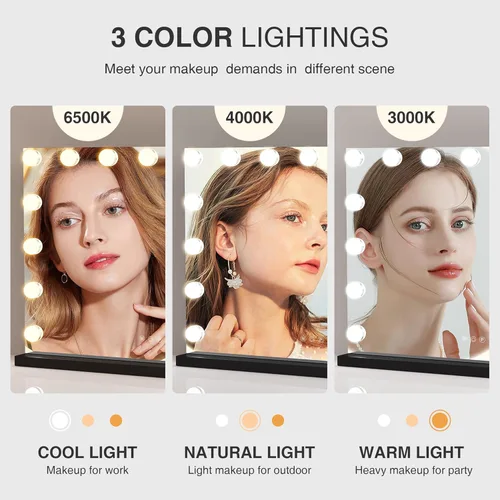 Vista 3 de Espejo de maquillaje con luces, espejo de tocador Hollywood con 3 modos de color, espejo de tocador iluminado con bombillas LED regulables y aumento