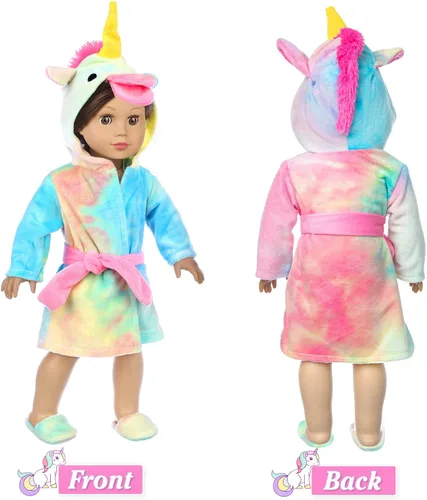 Vista 3 de XFEYUE Juego de ropa de muñeca americana de 18 pulgadas y saco de dormir, disfraz de unicornio arcoíris con saco de dormir estilo unicornio