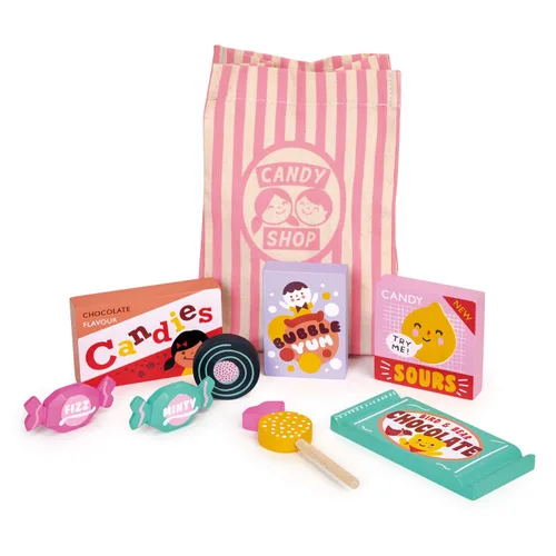 Mentari Toys - Candy Shop Bag - 9pc Wooden Play Candy Set with Bag - Pretend Play Market Accessories - Encourage Role Play and Develop Social Skills