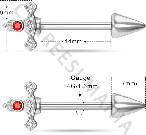 Vista 3 de CM Crareesi Mania Anillos de pezón de daga, acero quirúrgico 316L, calibre 14, joyería de piercing gótico