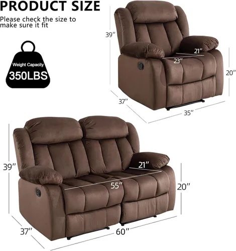 Vista 2 de EBELLO Juego de sofá reclinable manual, sofá reclinable clásico con brazos y respaldo sobrerellenos, incluye 1 silla reclinable, 1 sofá biplaza