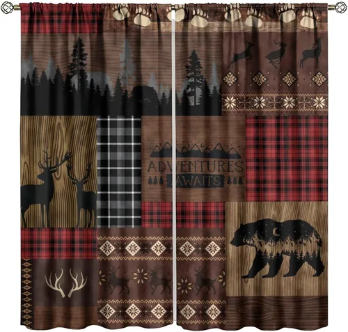 Vista 20 de Cortinas rústicas de cabaña, cortinas de vida silvestre para cabaña, campestre, retazos, alce salvaje, oso, con bolsillo para barra, cortinas opacas