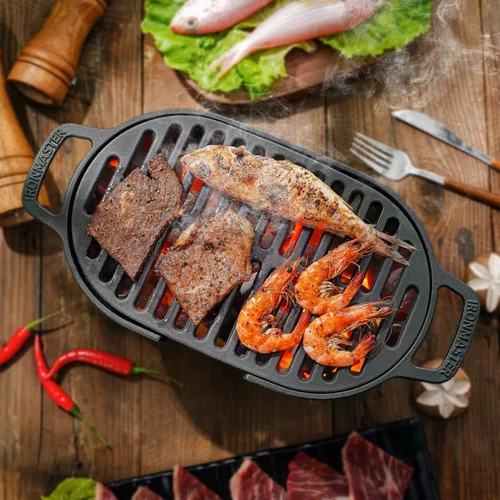 Vista 4 de IronMaster Mini parrilla Hibachi 100% de hierro fundido, pequeña parrilla de carbón portátil para acampar al aire libre, superficie de parrilla