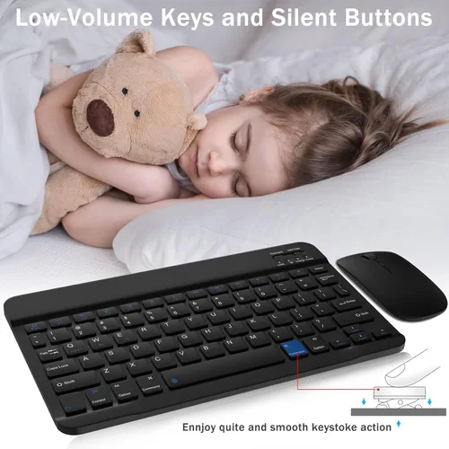 Vista 6 de Combo de teclado y mouse Bluetooth recargable, juego de teclado inalámbrico ultradelgado universal para Android, Windows, iPad, iPhone, Samsung