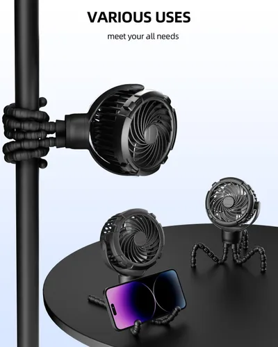 Vista 7 de TUNISE Ventilador de cochecito, recargable con puerto tipo C, 4000 mAh, giratorio de 360°, trípode flexible de 3 velocidades, clip en cualquier