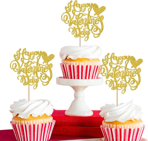 Vista 16 de Paquete de 24 adornos para cupcakes para el día de San Valentín con purpurina de corazón dulce para pies de bebé, decoración de cupcakes para el día
