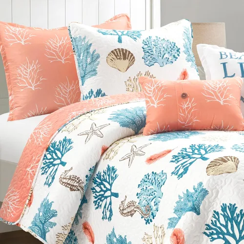 Vista 3 de Lush Decor Coastal Reef Feather - Juego de edredón reversible de 5 piezas, tamaño individual/individual XL, azul y coral, juego de ropa de cama