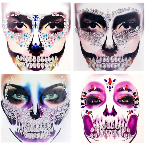 Day Of The Died Skull Face Gems Jewels, paquete de 4 tatuajes temporales de diamantes de imitación, calcomanías faciales joyas para Halloween