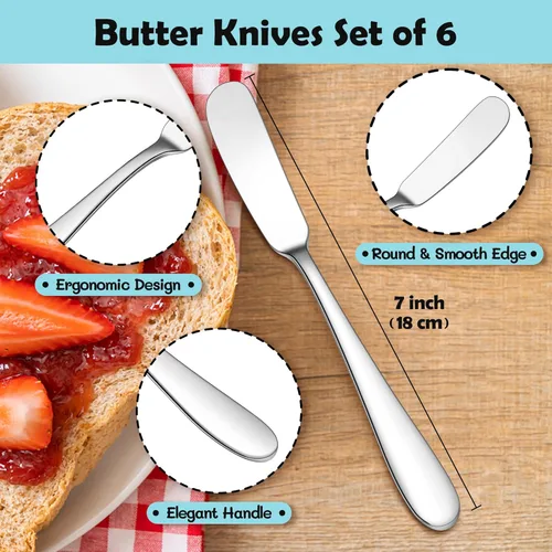Vista 2 de E-far Juego de 6 cuchillos esparcidores de mantequilla, cuchillos de postre de queso de acero inoxidable de 7 pulgadas para cocina, restaurante
