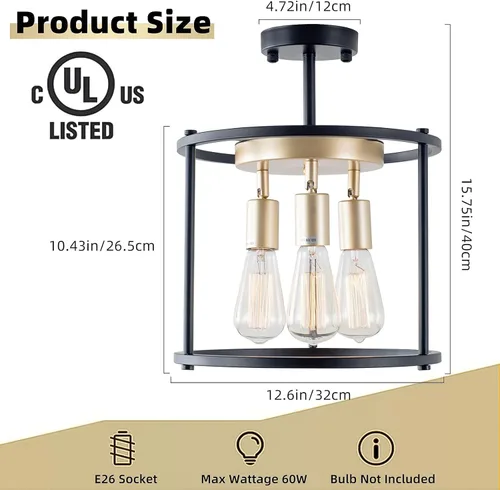 Vista 4 de Lámpara de techo industrial semiempotrada, lámpara de techo negra vintage de 3 luces con enchufe ajustable, lámpara rústica de metal para cocina