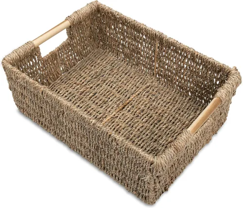Vista 21 de VATIMA Cestas grandes de almacenamiento de jacinto de agua para organizar con asas de madera para estantes, 2 cestas pequeñas de baño, cestas