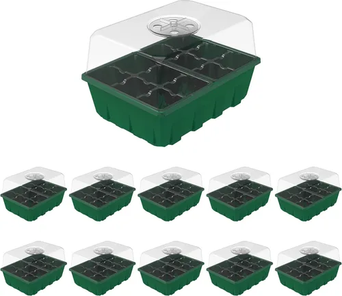 Vista 12 de Gardzen Juego de 10 propagadores de jardín, kits de bandejas de semillas negras con 120 celdas, bandejas de inicio de semillas con cúpula y base
