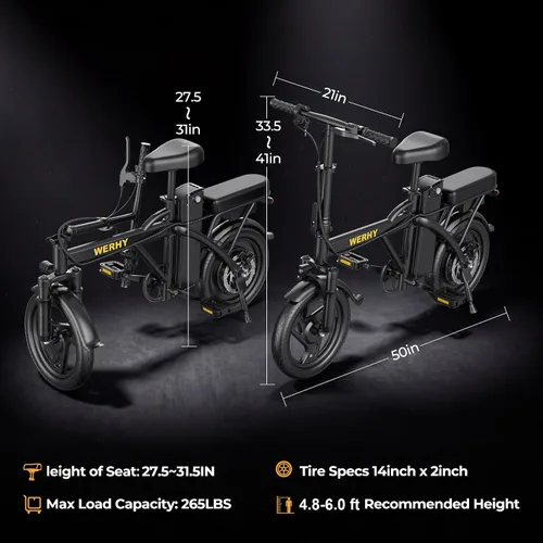 Vista 7 de WERHY Electric Bike for Adults, 750W Peak Motor, 20 MPH Max Speed Folding Ebike, 14" Electric Bicycles, Max 40 Miles Range (Pedal Assist Mode), Mini