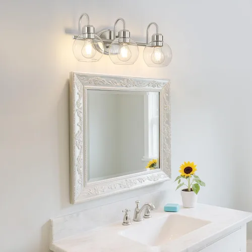 Vista 4 de Lámpara de tocador de baño de 3 luces, lámparas de pared de níquel cepillado, aplique de pared moderno con pantallas de vidrio transparente