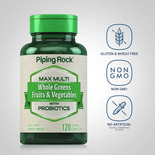 Vista 3 de Piping Rock Suplemento de frutas y verduras 120 cápsulas Mezcla de frutas y verduras con probióticos Max Multi Vitamina Sin OMG, sin gluten