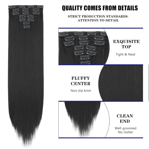 Vista 3 de Extensiones de cabello lacio con clip, de 24 pulgadas, 7 piezas, resistentes al calor, de fibra sintética de cabeza completa, con clip, para mujeres