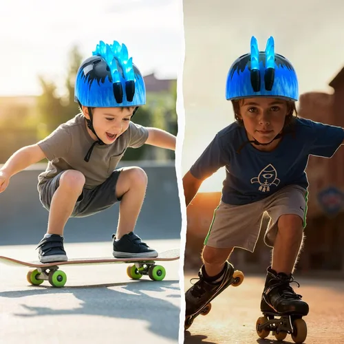 Vista 7 de Casco de bicicleta para niños pequeños con luces LED, casco para niños varones de 3 a 8 años, cascos de bicicleta ajustables para niños pequeños