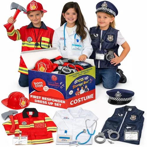 Born Toys Ropa de vestir 3 en 1 para niños y niñas de 3 a 7 años, juego de simulación de policía, bombero y médico con accesorios de juguete,