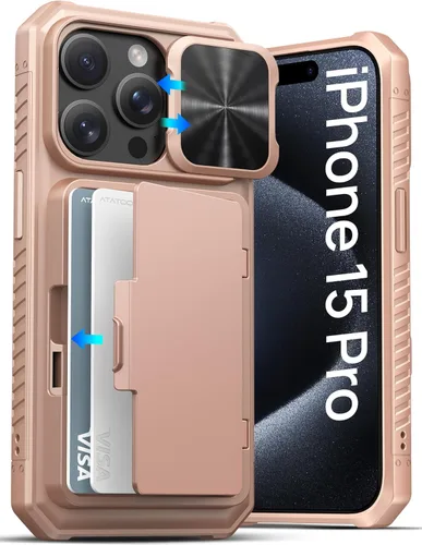 Vista 67 de ATATOO Funda para iPhone 16, tarjetero integrado (almacena 3-5 tarjetas) y protector de cámara deslizante, protección de grado militar, bonita funda