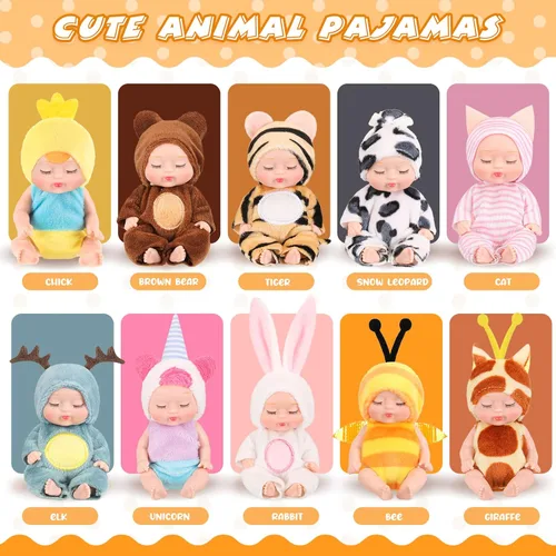 Vista 3 de Retrowavy 10 Piezas Mini Muñecas de Bebé de 4 Pulgadas Muñecas de Bebé Pequeñas Realistas Ropa de Animales Lindas Figuras de Bebé Juego de Regalos