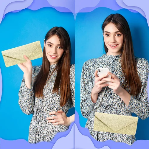Vista 6 de Bolsos de mano para mujer, Bolso de sobre de noche con cadena desmontable, elegancia brillante Dorado