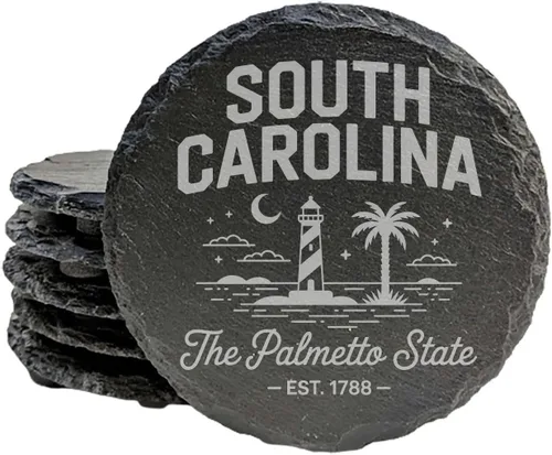 Vista 9 de Rustic Slate Coasters Set of 4 - South Carolina Design with Flower for Holidays, Birthdays, Housewarming - 4" Round or Square - Made in Oregon, USA