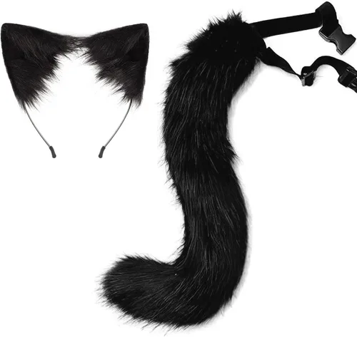 Diadema de orejas de gato, juego de cola de zorro de lobo, hecho a mano, disfraz de animal para cosplay, tocado de piel sintética, accesorios de