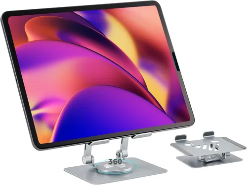 Vista 7 de Soporte para tableta para iPad para escritorio, soporte ajustable y plegable para iPad Pro, soporte para monitor portátil con base giratoria
