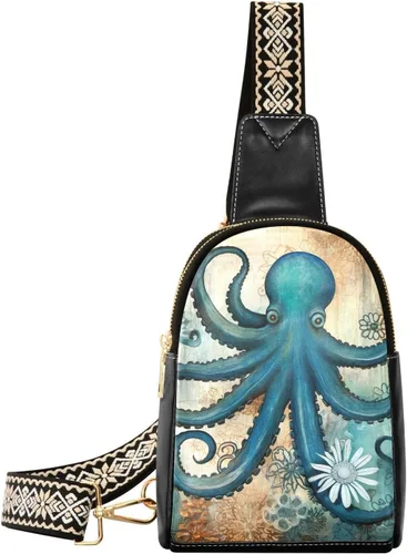 Sling Backpack Octopus Vintage Sling Bag for Women Crossbody Shoulder Bag Leather Fanny Pack Chest Bag for Travel Hiking 202A1784