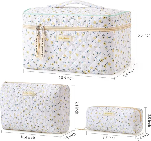 Vista 41 de HBselect Bolsa de maquillaje acolchada, 3 piezas de algodón grande, bolsa de maquillaje de viaje, bonita bolsa de maquillaje floral de coqueta