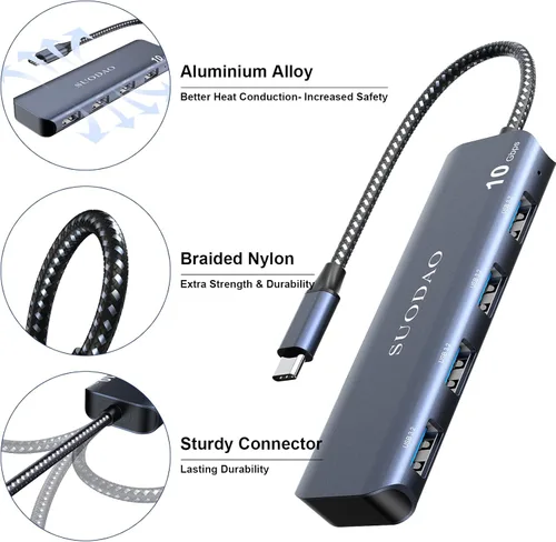 Vista 5 de Hub USB 3.1, SUODAO 10Gbps USB C a USB Hub, 4 puertos USB 3.1/3.2 Gen 2 Hub, aluminio SuperSpeed Tipo C a 4 puertos USB 3.2 de 10 Gbps para laptop
