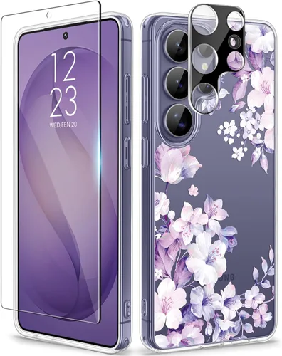 Vista 44 de GVIEWIN Funda protectora para Samsung Galaxy S25, transparente floral, delgada, a prueba de golpes, para mujer, no se pone amarilla, con protector