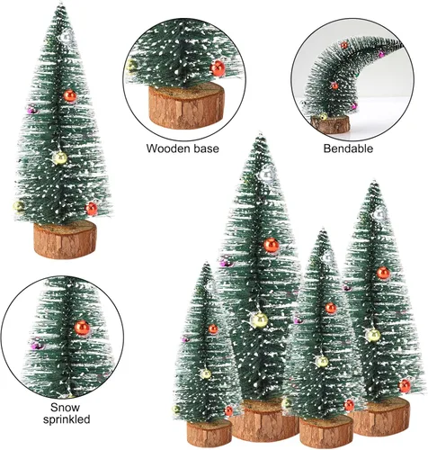 Vista 8 de 3 mini árboles de Navidad artificiales de sisal esmerilado de 5.9 pulgadas, árboles de cepillo para botellas con bases de madera y bolas de adornos