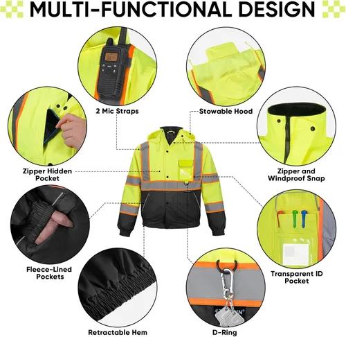 Vista 3 de TICONN Waterproof Safety Bomber Jacket, Winter Rain Jacket Hi Vis Reflective, ANSI Class 3 Work Rain Coat