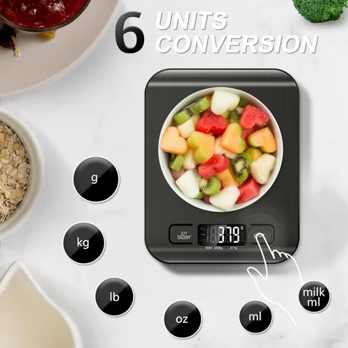 Vista 2 de Báscula de alimentos, báscula de cocina de 11 lb con función de tara de 6 unidades y pantalla LCD, báscula digital de alimentos de acero inoxidable
